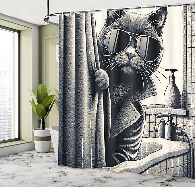 Ambesonne Cat Shower Curtain, Funny Kitty in Trench Coat Cool Detective Animal in a Bath Tub Monochrome Art, Cloth Fabric Bathroom Decor Set with Hooks, 69" W x 84" L, Dark Grey Pale Sepia