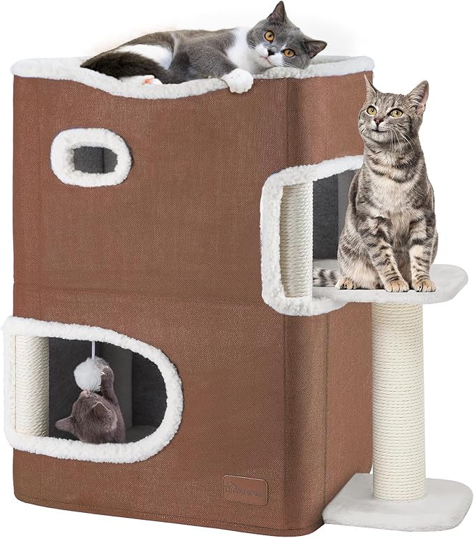YITAHOME 2-Tier Cat House, Indoor Cat Cave Bed Playhouse, Flannel & Cool Mat, Covered Cat Beds with Scratch Pad and Hideaway Cave, Cute Modern Cat Condo Furniture for Multi Small Cats, Brown