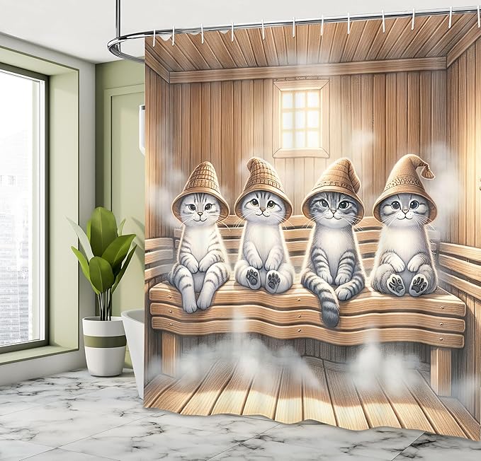 Ambesonne Cat Shower Curtain, Whimsical Scene with Happy Kittens with Funny Wizard Hats in Sauna, Cloth Fabric Bathroom Decor Set with Hooks, 69" W x 75" L, Pastel Brown and Pale Grey