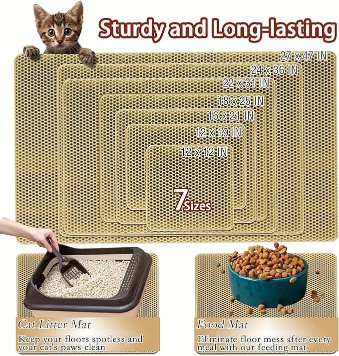 2025 𝗡𝗘𝗪 Waterproof Cat Litter Mat | Double Layer EVA, Odor-Free Large Grid | Urine Proof & Easy Cleanup | Soft on Paws | Versatile Design for Litter and Feeding (Khaki, 18×25)