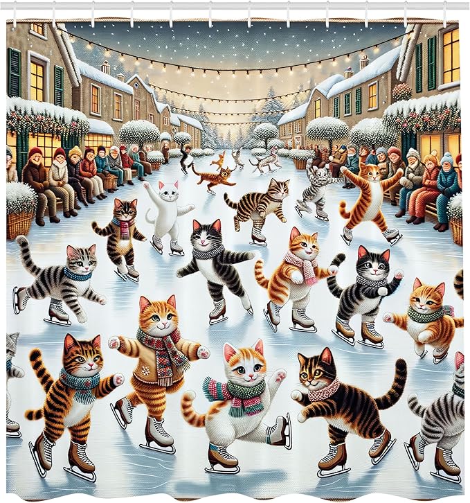 Ambesonne Cat Shower Curtain, Funny and Cheery Kitties Ice Skating Winter Happiness Funny Cartoon Xmas, Cloth Fabric Bathroom Decor Set with Hooks, 69" W x 70" L, Orange Brown Pale Blue