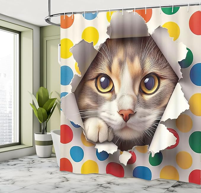 Ambesonne Cat Shower Curtain, Funny and Mischievous Kitty Peaking Through a Torn with Colorful Polka Dots Print, Cloth Fabric Bathroom Decor Set with Hooks, 69" W x 70" L, Multicolor
