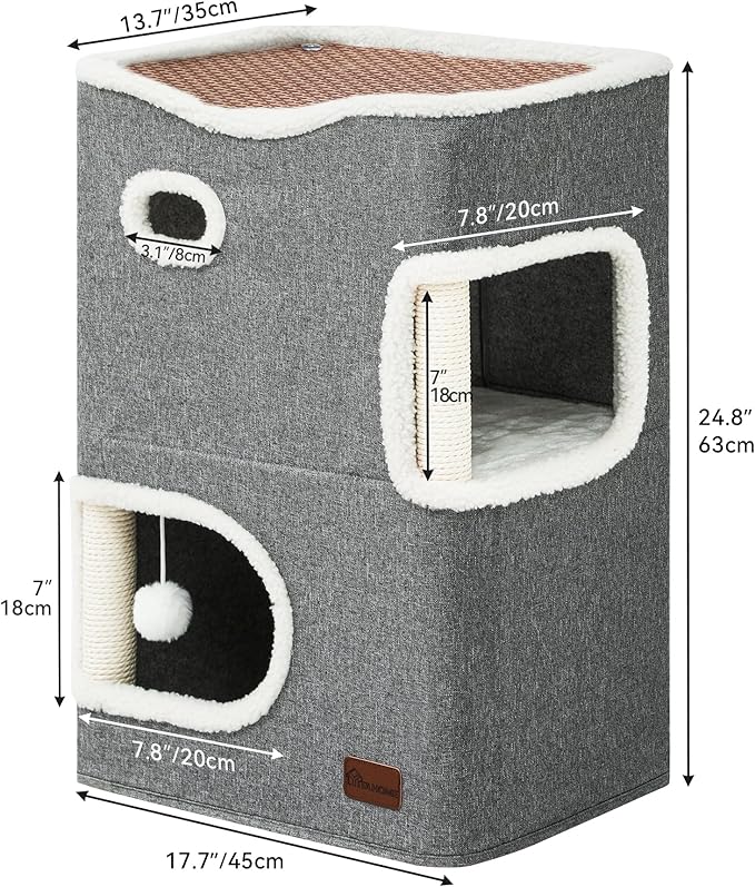 YITAHOME 2-Tier Cat House, Indoor Cat Cave Bed Playhouse, Flannel & Cool Mat, Covered Cat Beds with Scratch Pad and Hideaway Cave, Cute Modern Cat Condo Furniture for Multi Small Cats, Grey