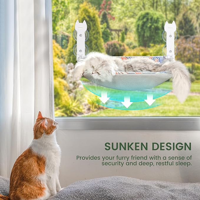 Cat Window Perch, Glow in The Dark Foldable Cat Hammock with Sunken Design & Removable Soft Cover, Breathable Cordless Window Bed for Resting Indoor Kitten (Grey, 1 Pack)