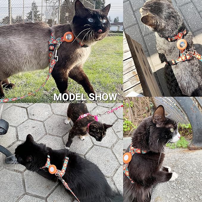 Cat Harness and Leash Escape Proof for Walking Travel Outdoor - Soft Nylon Adjustable Cute Cat Harness Leash Set with Airtag Holder for Small Large Cats