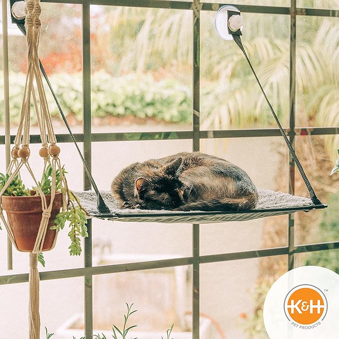 K&H Pet Products Deluxe EZ Mount Kitty Sill Cat Window Perch Hammock Seat Cat Bed, Sturdy Suction Cup Indoor Cat Accessory, Essential Hammock Style Window Shelf - Perch Without Bolster, Gray