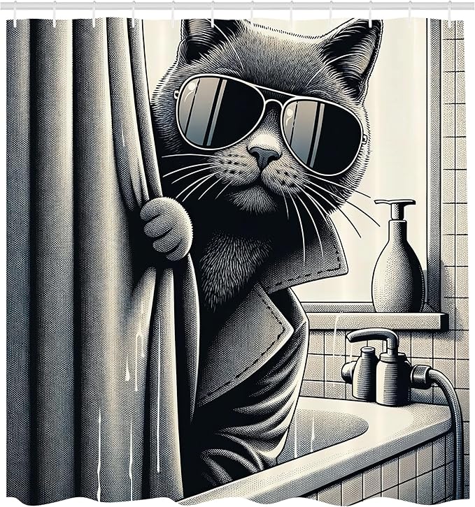 Ambesonne Cat Shower Curtain, Funny Kitty in Trench Coat Cool Detective Animal in a Bath Tub Monochrome Art, Cloth Fabric Bathroom Decor Set with Hooks, 69" W x 70" L, Dark Grey Pale Sepia