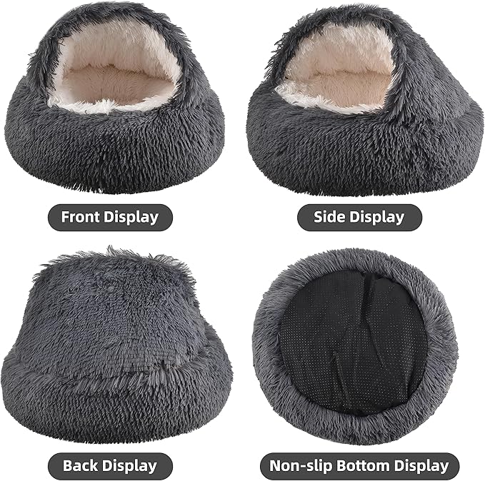 Cat Bed Round Plush Fluffy Hooded Calming Cat Bed Cave,Self Warming pet Bed with Non-collapsed Cover for Indoor Cats or Small Dogs,Washable,Anti-Slip Waterproof Bottom,24",Dark Grey