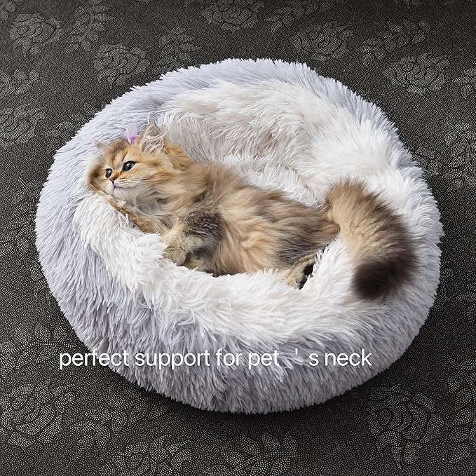 Something Different Calming Cat Beds for Indoor Cats,Anti Anxiety Round Fluffy Cat Bed,Soft Plush Pet Cushions,Dount Pet Bed with Slip-Resistant and Waterproof Bottom,Machine Washable,20”,Grey